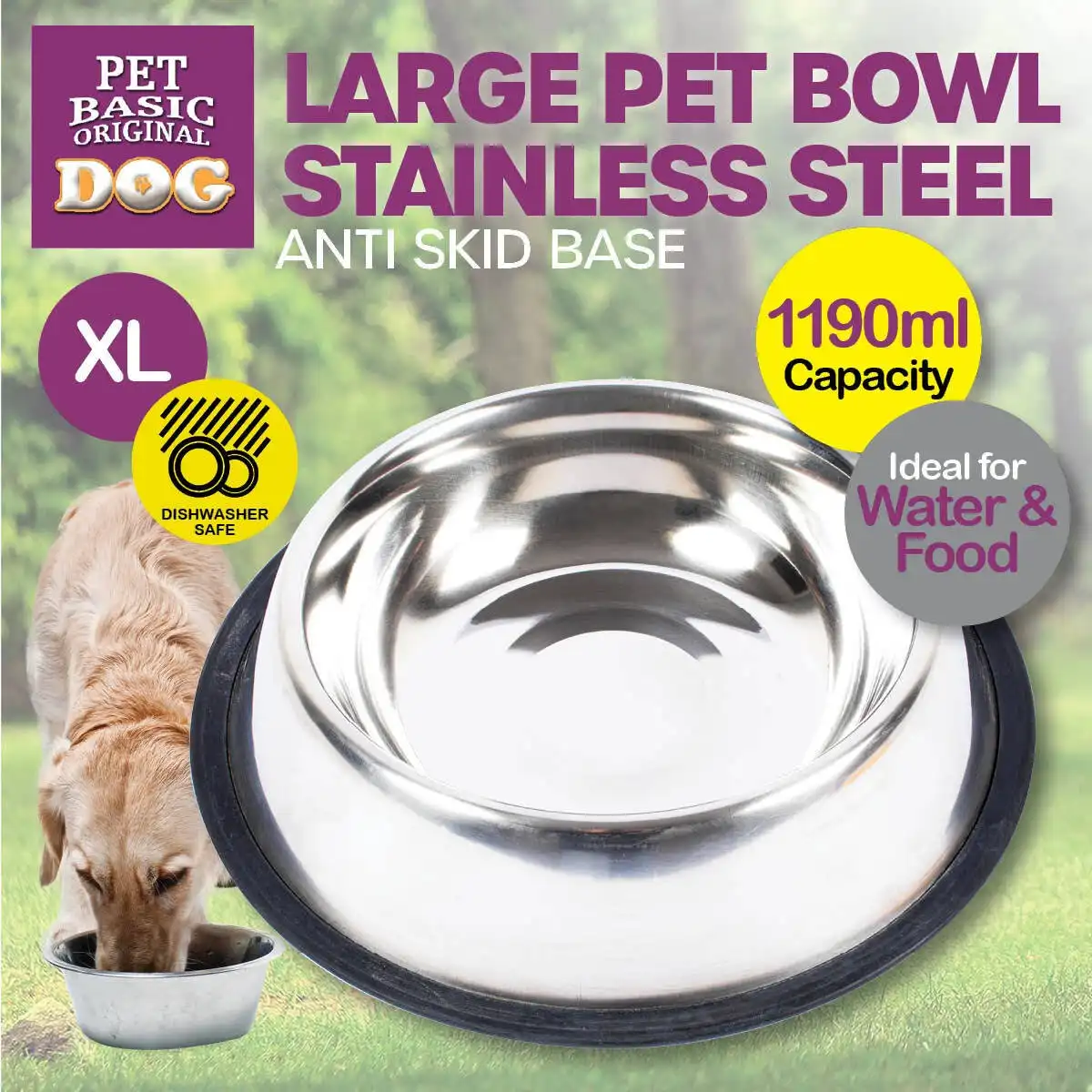 Pet Basic® Stainless Steel 2PCE X-Large Pet Bowls 1190ML Capacity Heavy Duty