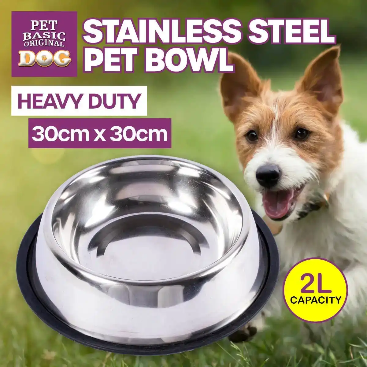 Pet Basic® Stainless Steel Large Pet Bowl 2L Capacity Non Slip Base 30 x 30cm