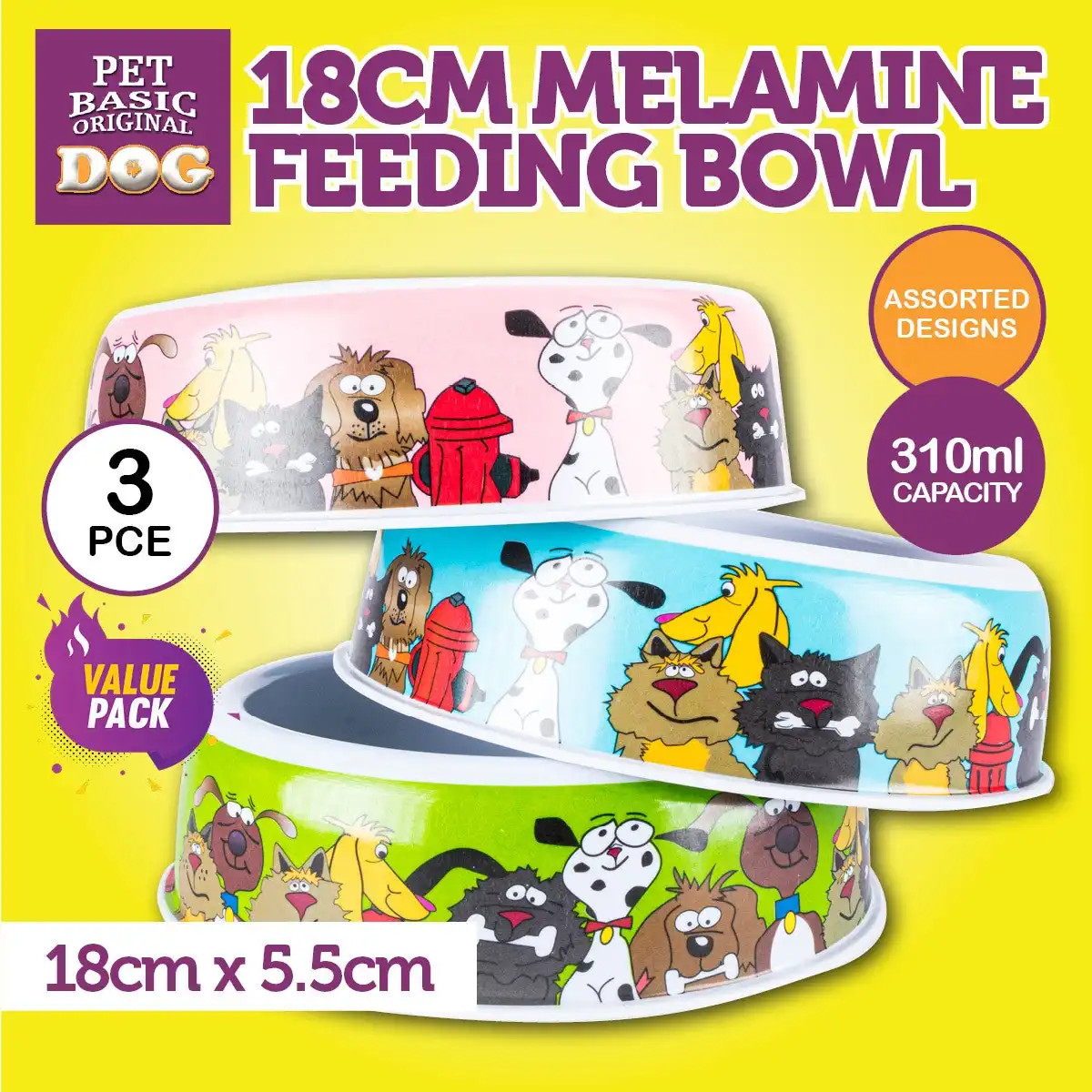 Pet Basic® 3PCE Dog Bowls Melamine 310ml Food/Water Quirky Cartoon Designs