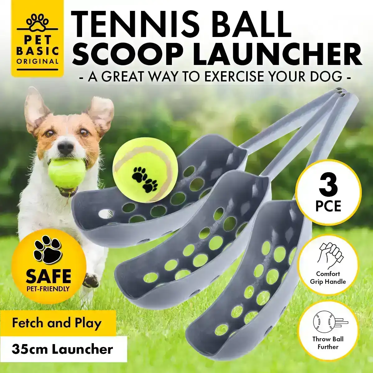 Pet Basic® 3PK Dog Tennis Ball Scoop Launcher Fun Play Fetch Lightweight 35cm