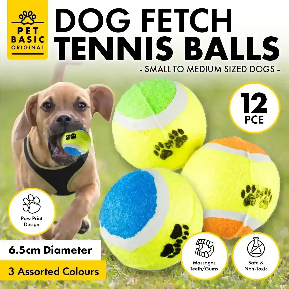 Pet Basic® 12PK Dog Tennis Fetch Balls Non-Toxic Safe Fun Play Fetch 6.5cm