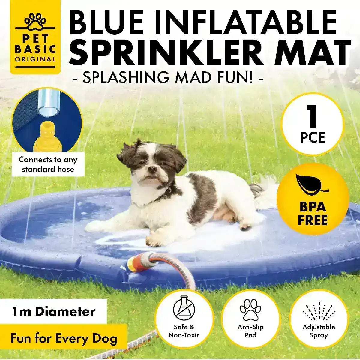 Pet Basic® 1m Dog Sprinkler Mat/Pool Adjustable Spray Safe Summer Fun