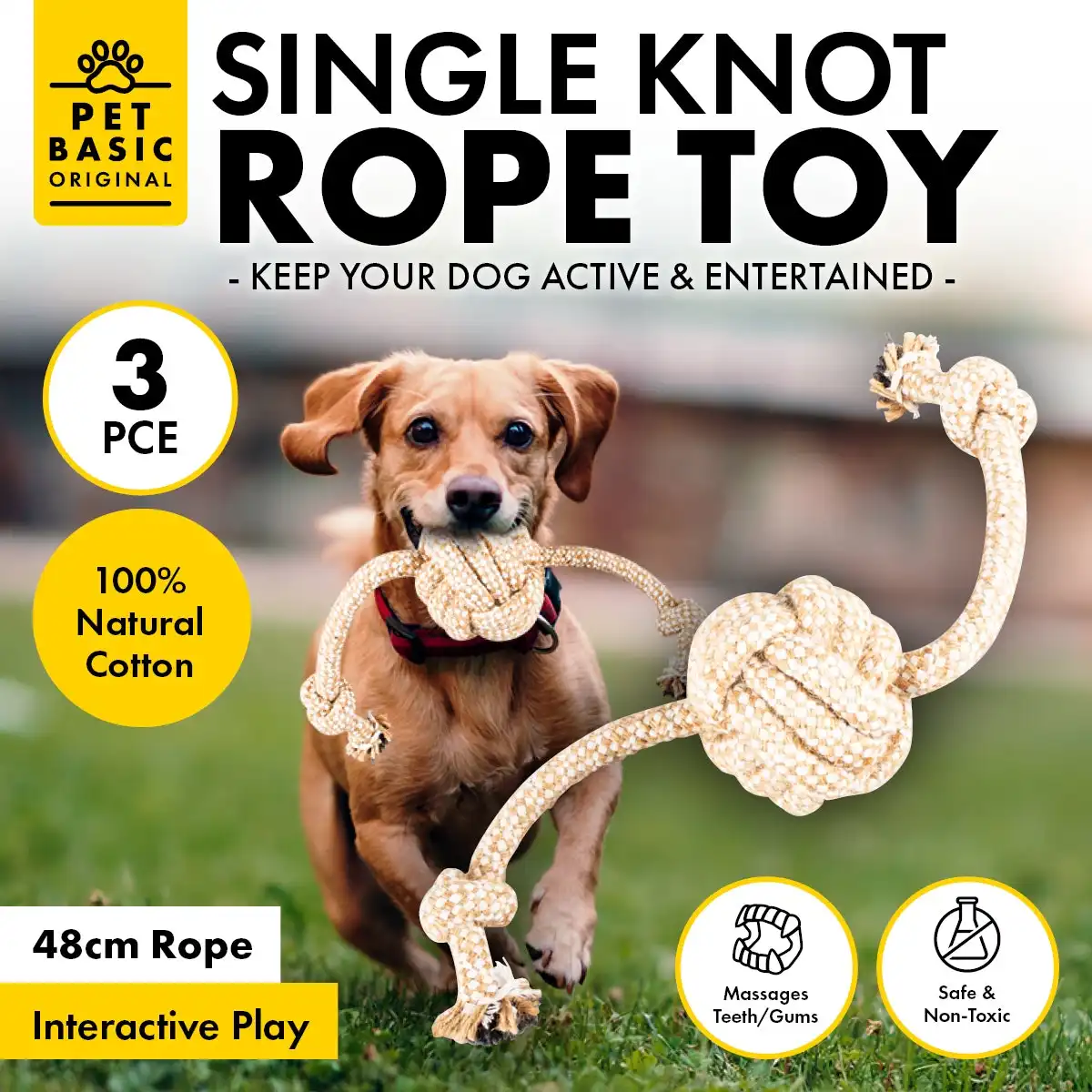 Pet Basic® 3PK Rope Dog Toys Natural Cotton Thick Tug Fetch Play 48cm