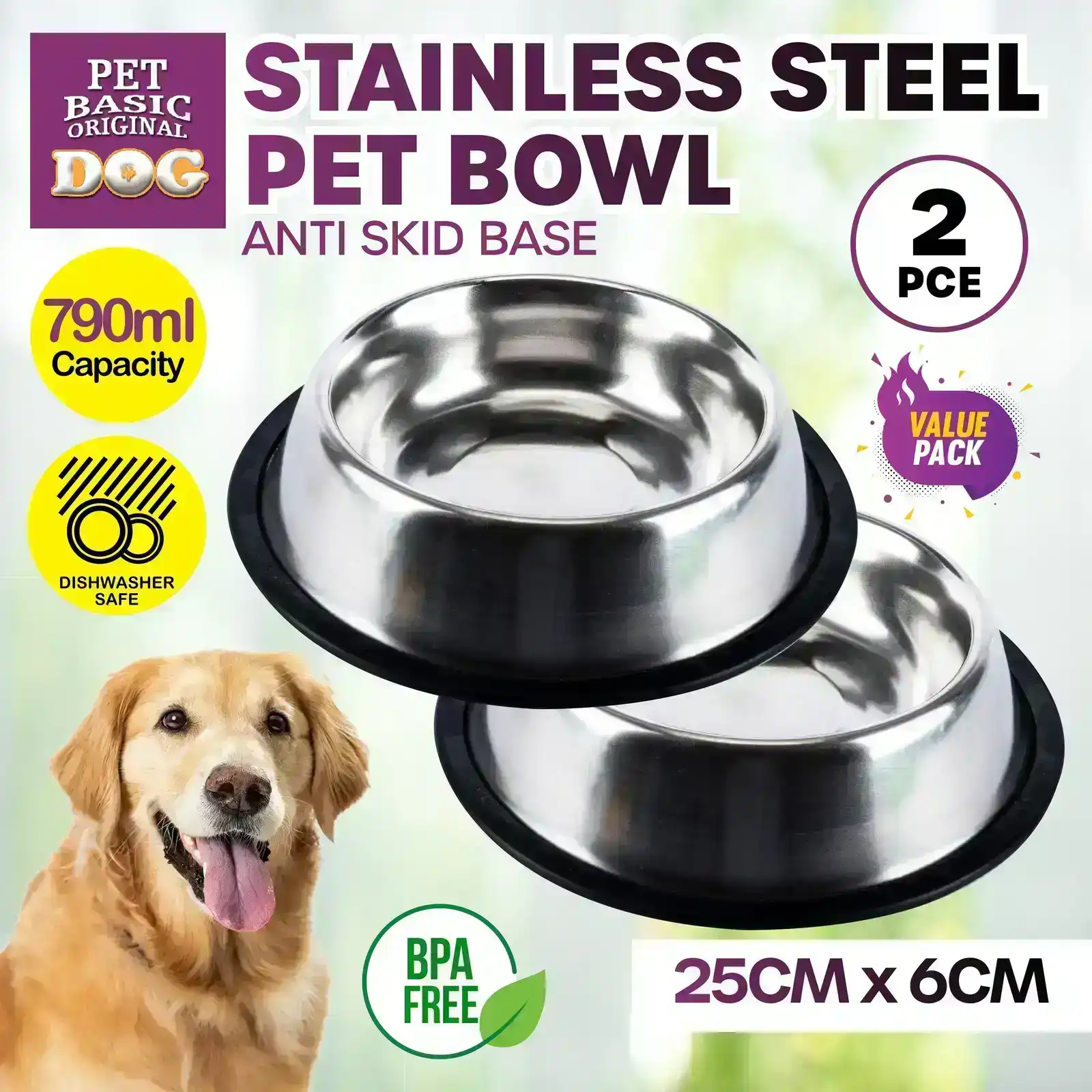 Pet Basic® 2PCE Stainless Steel Pet Bowl Non Slip Base Dishwasher Safe 790ml