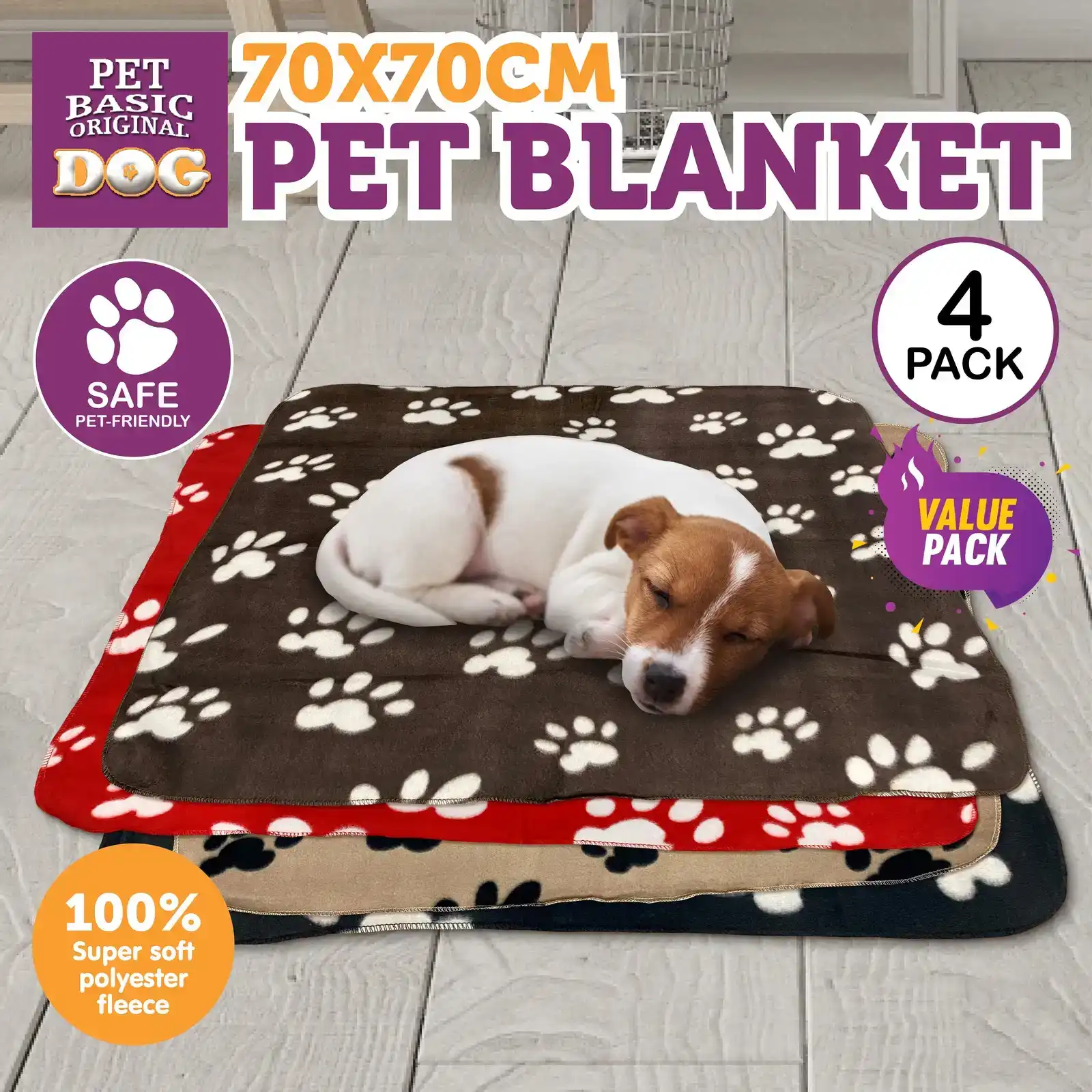 Pet Basic® 4PK Dog Blanket Super Soft Machine Washable Paw Design 70 x 70cm