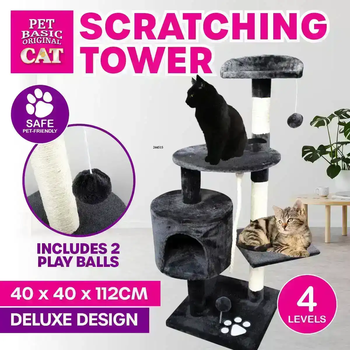 Pet Basic® Deluxe Cat Scratch Tower Multiple Levels Rest Scratch 112 x 40cm
