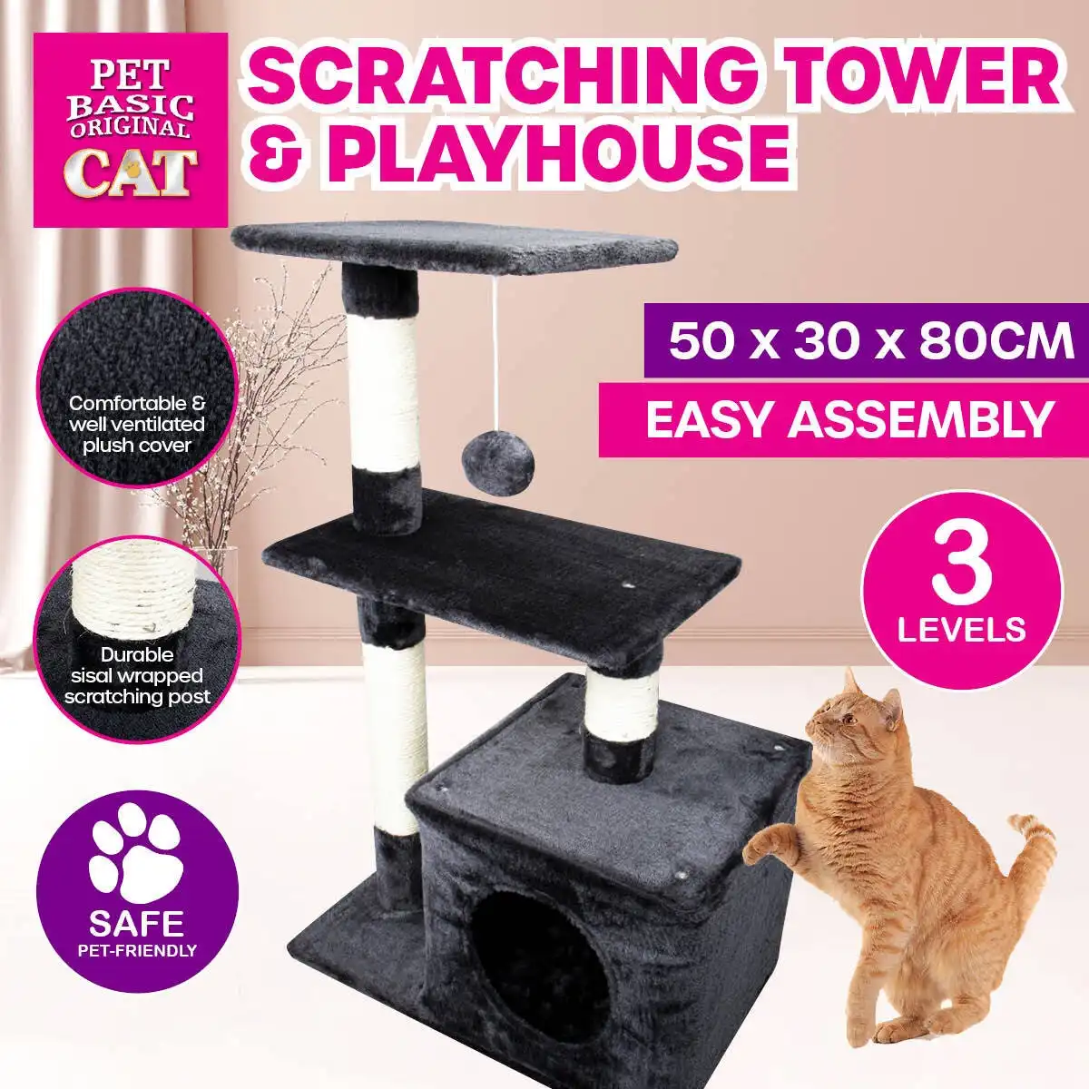 Pet Basic® 3 Level Cat Scratching Tower & Playhouse Scratch 80 x 40 x 50cm