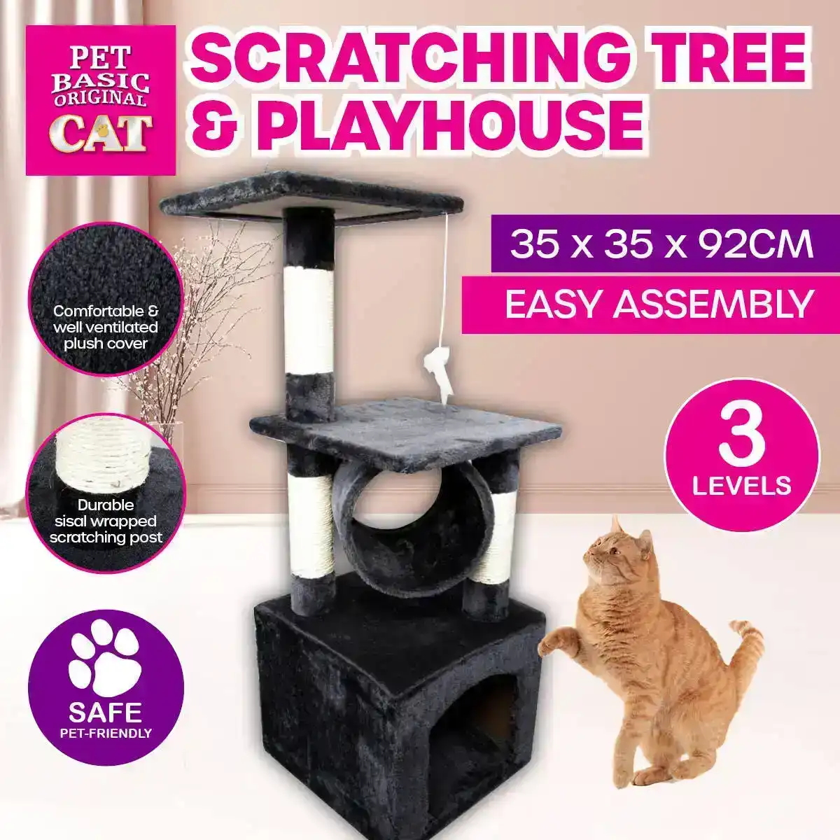 Pet Basic® 3 Level Cat Scratch Tree & Playhouse Fun Climb Rest 92 x 35cm