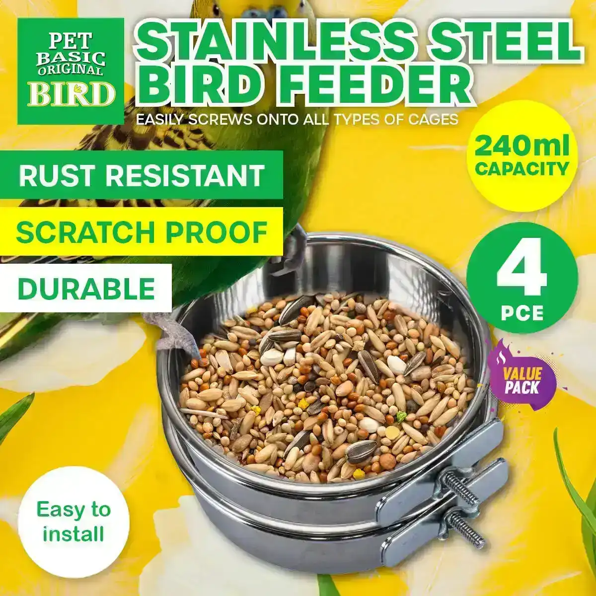 Pet Basic® 4PCE Bird Feeders Stainless Steel Spill & Rust Proof Durable 240ml