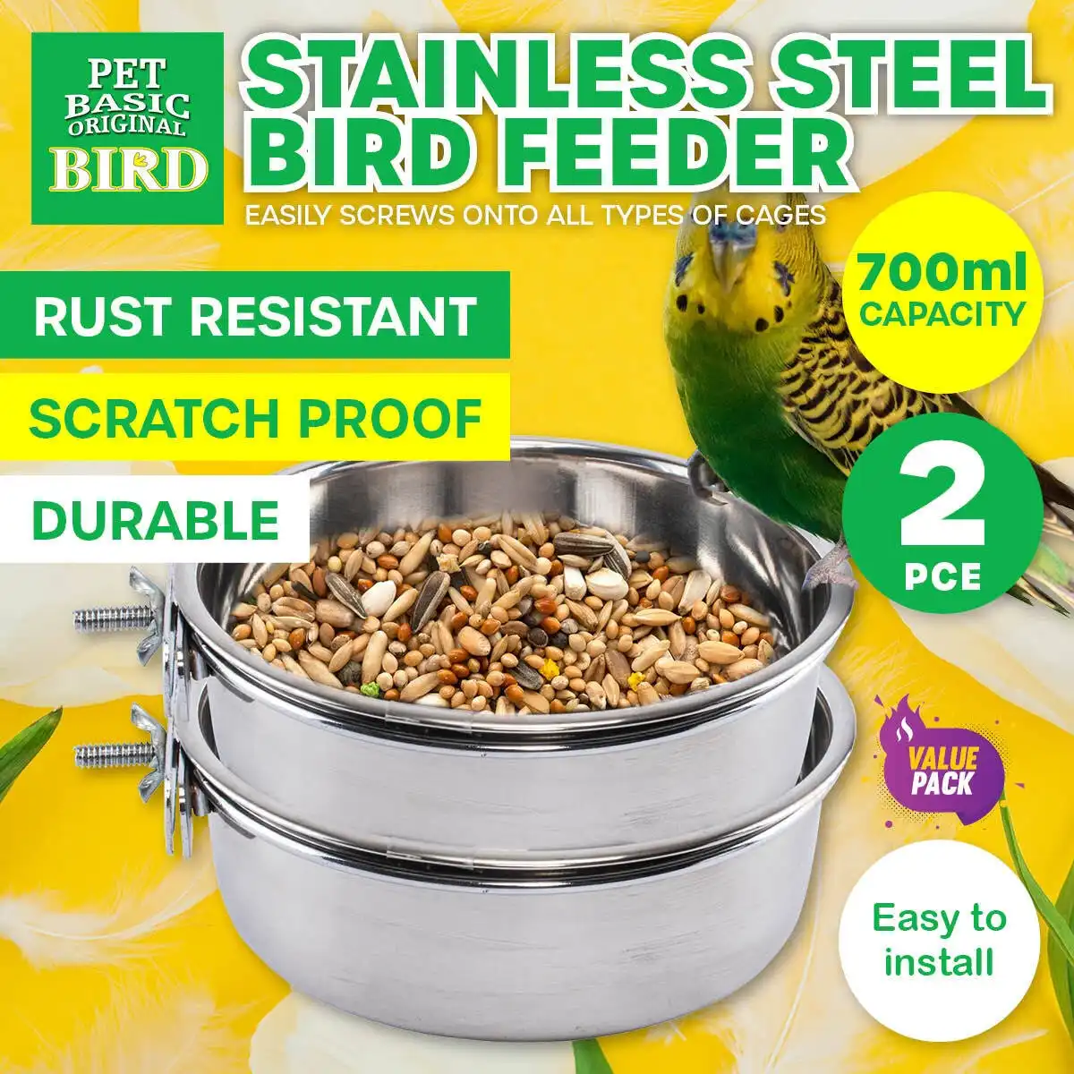 Pet Basic® 2PCE Bird Feeders Stainless Steel Spill & Rust Proof Durable 700ml