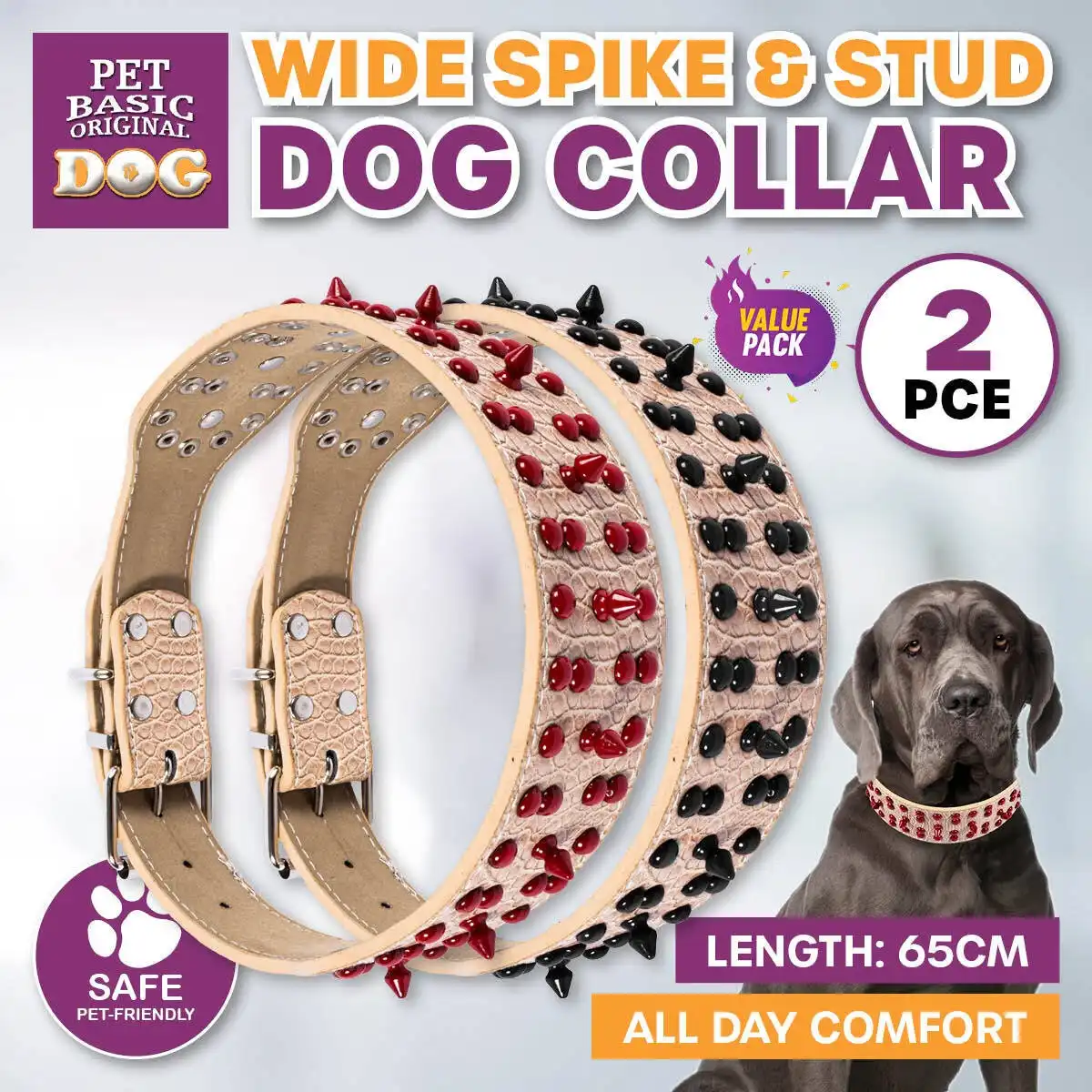 Pet Basic® 2PCE Dog Collar Wide Spike & Stud Design Premium Quality 64cm