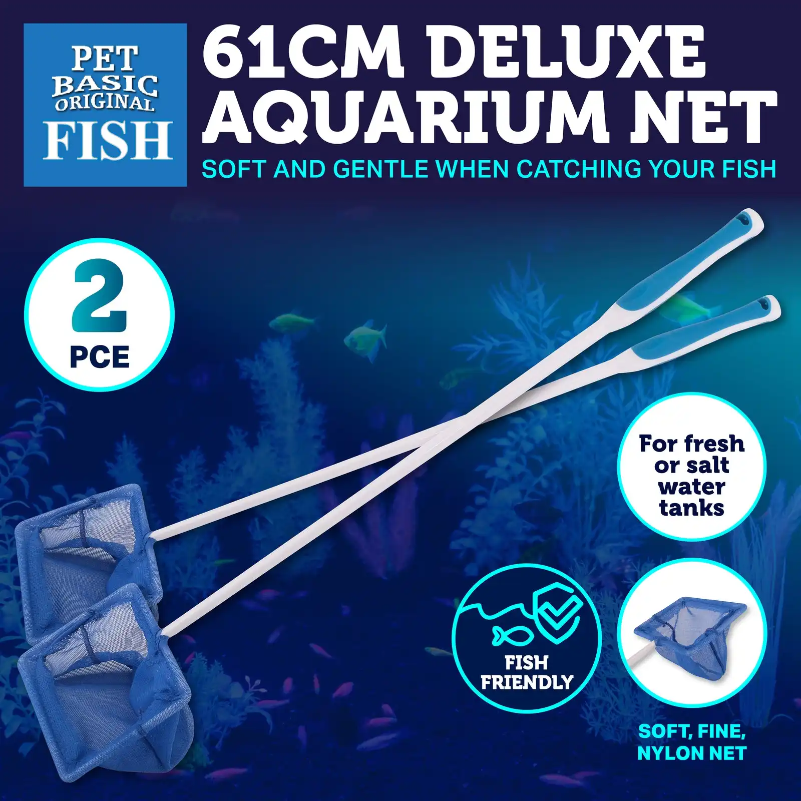 Pet Basic® 2PK Aquarium Fish Net Safe Gentle Soft Secure Blue Mesh Netting 61cm