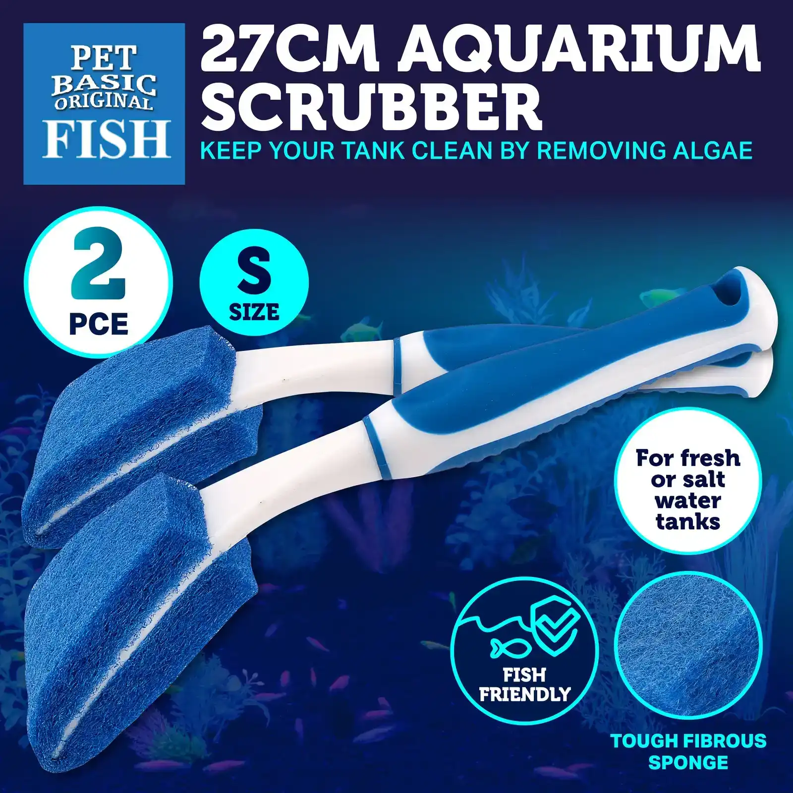 Pet Basic® 2PK Aquarium Scrubber Tough Sponge/Scourer Cleaner Durable 27cm