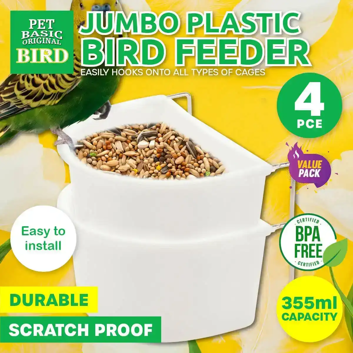 Pet Basic® 4PCE Bird Feeders Plastic Jumbo Size Food Water Spill Proof 355ml