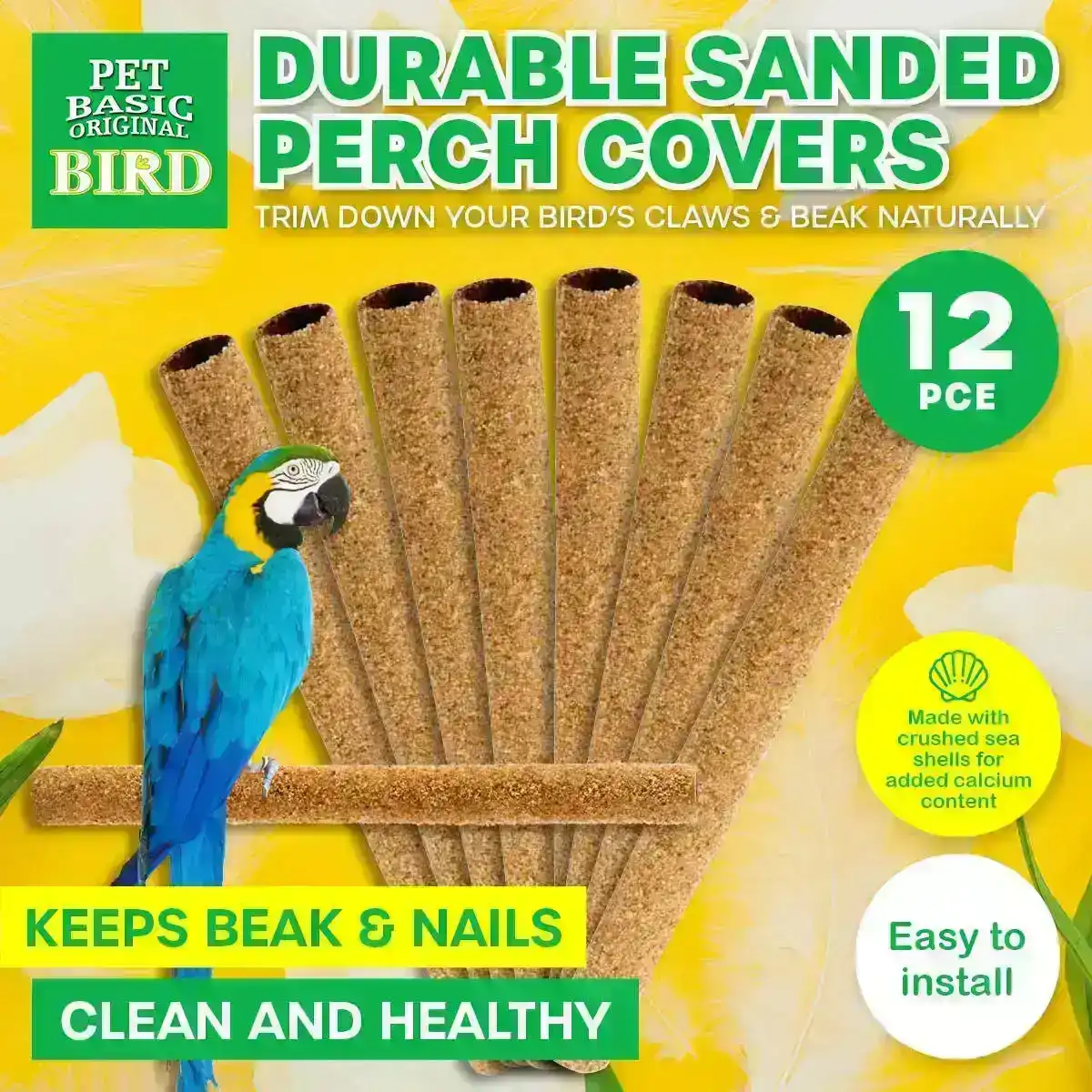 Pet Basic® 12PCE Perch Covers Sanded Crushed Sea Shell Healthy Claws/Beak 25cm