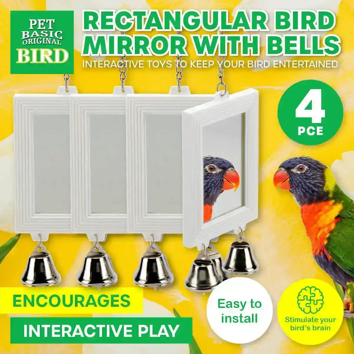 Pet Basic® 4PK Bird Mirror With Bells Easy Hook Installation Fun Entertaining