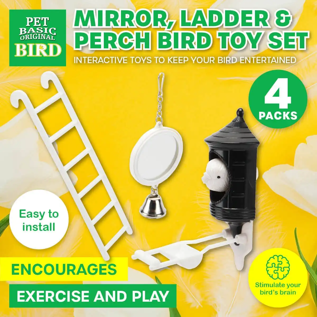 Pet Basic® 4PK Bird Toy Set Mirror Ladder Perch Fun Entertaining Interactive