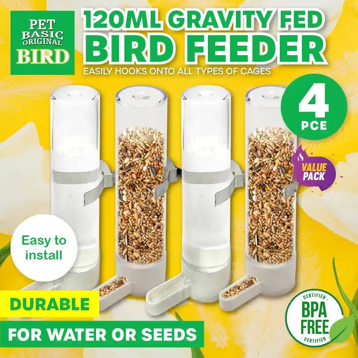 Pet Basic® 4PCE Bird Feeders Food Water Spill Proof Easy Install 120ml