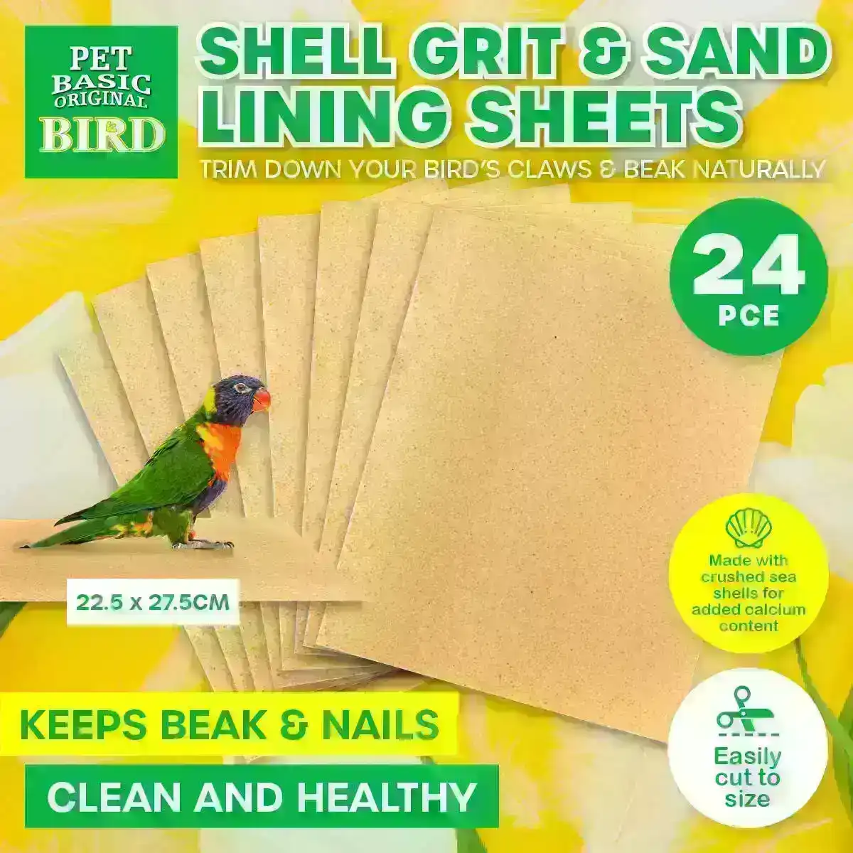 Pet Basic® 24PCE Cage Liner Sheets Shell and Sand Grit Healthy Claws/Beak