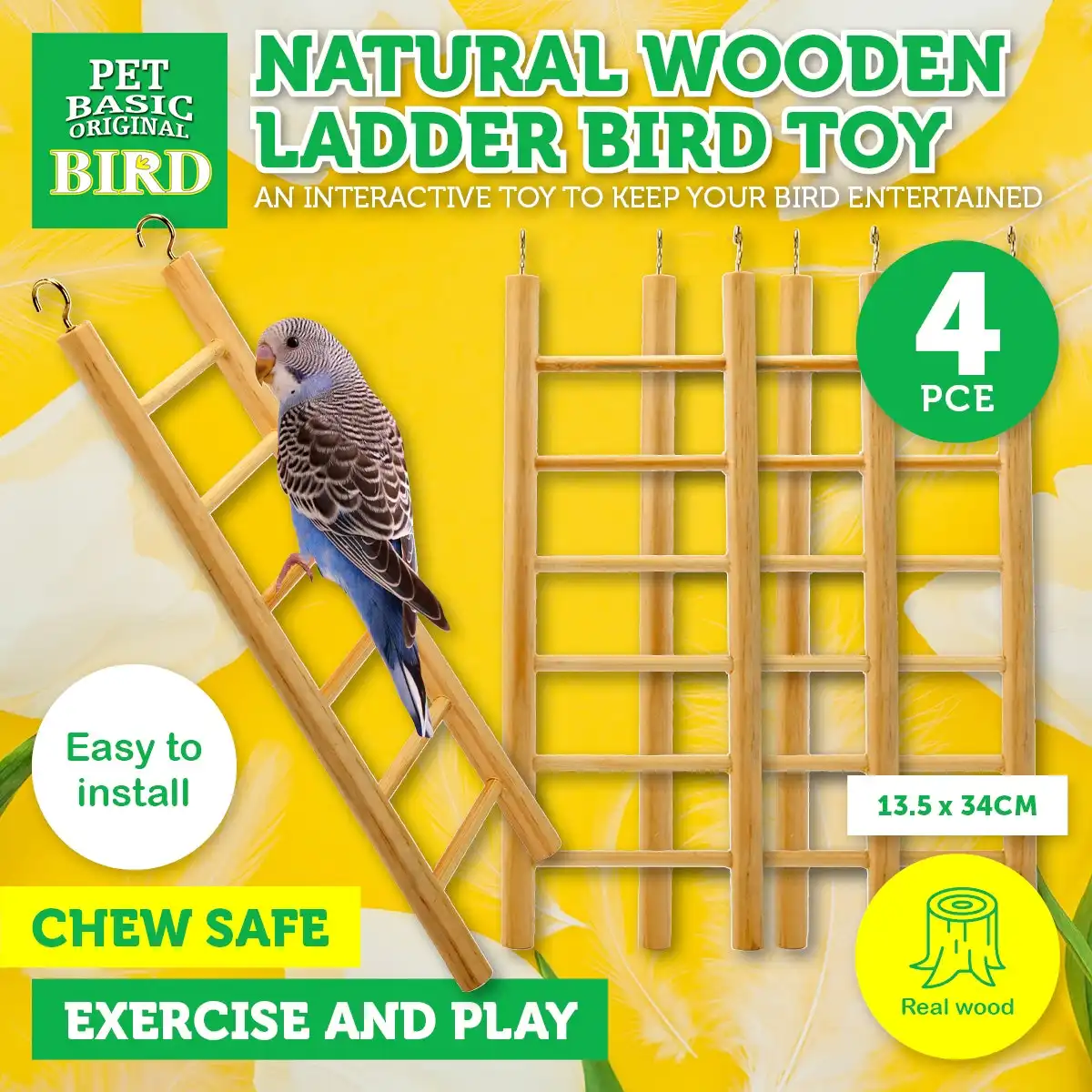 Pet Basic® 4PCE Wooden Ladder Bird Toy Natural Wood Stimulating 13.5 x 34cm