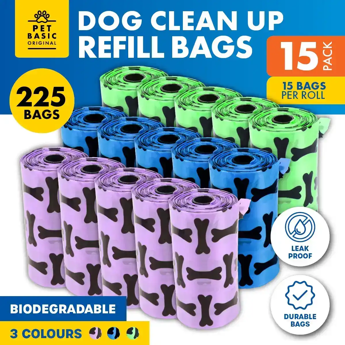 Pet Basic® 225PCE Dog Waste Clean Up Refill Bags Coloured Strong Leak Proof