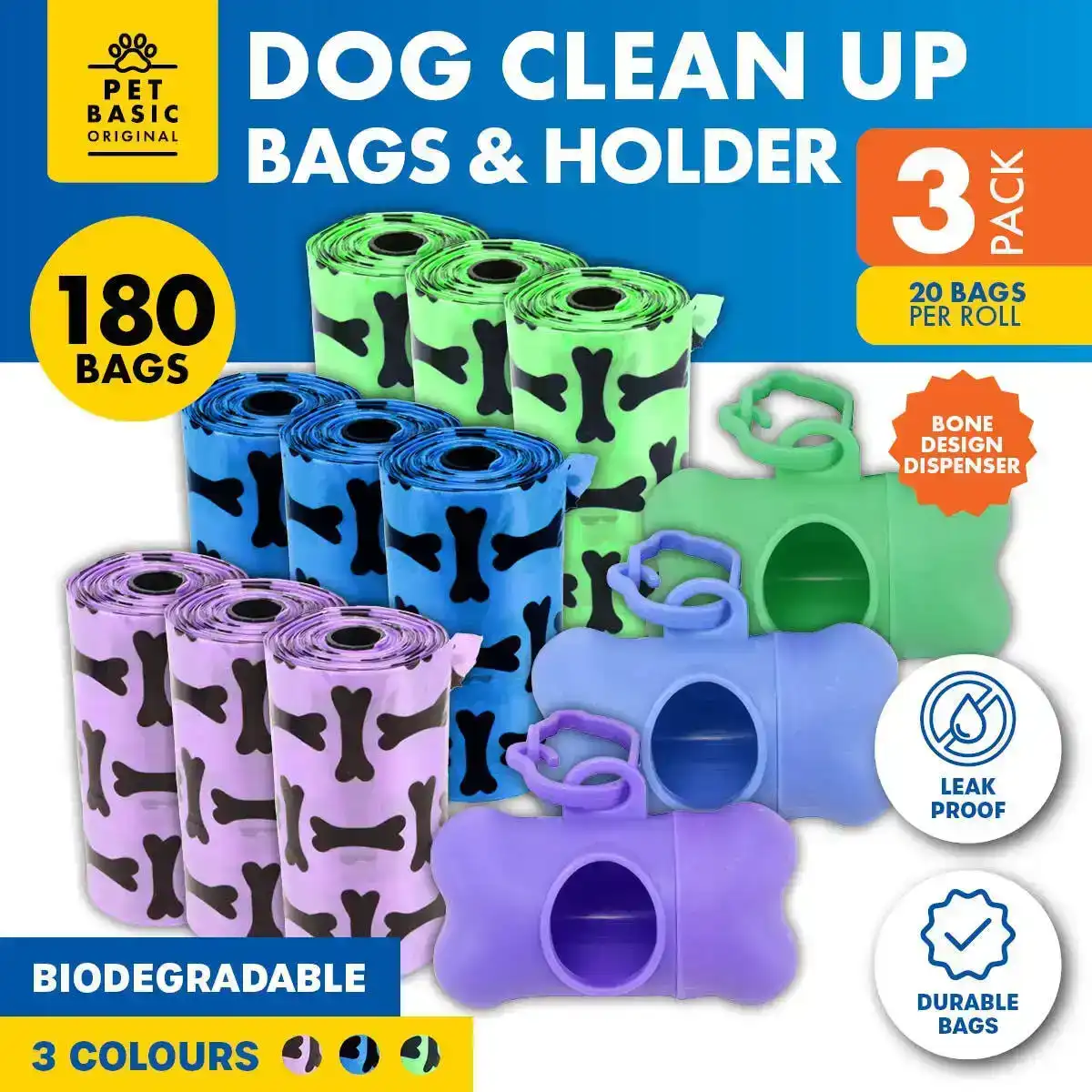 Pet Basic® 180PCE Dog Waste Clean Up Bags & Holders Coloured Strong Leak Proof