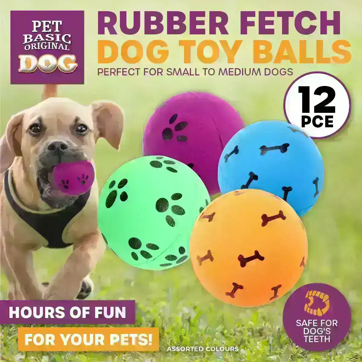 Pet Basic® 12PCE Dog Rubber Fetch Balls Safe Play Time Fun Bright Colours 5.7cm