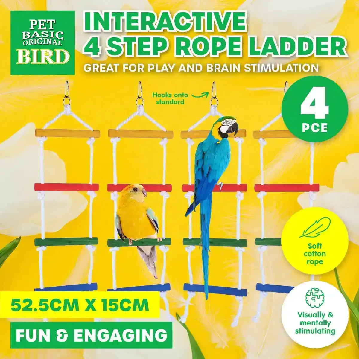 Pet Basic® 4PCE Bird/Parrot Interactive Step Rope Ladder Play Time Fun 52.5cm