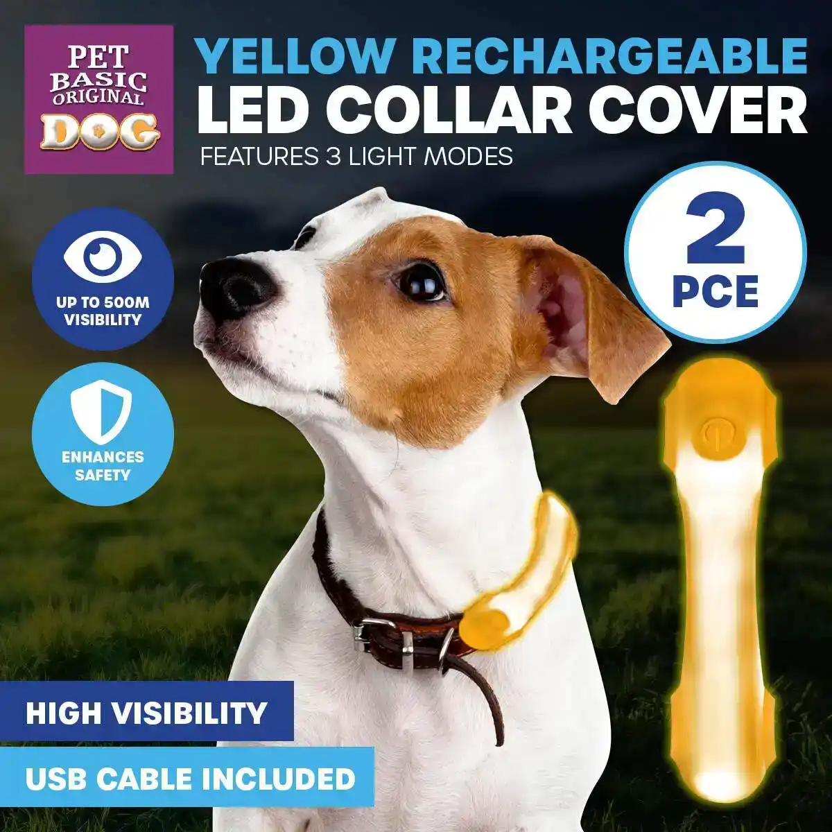 Pet Basic® 2PCE Rechargeable LED Dog Collar Cover Grey High Visibility Safe