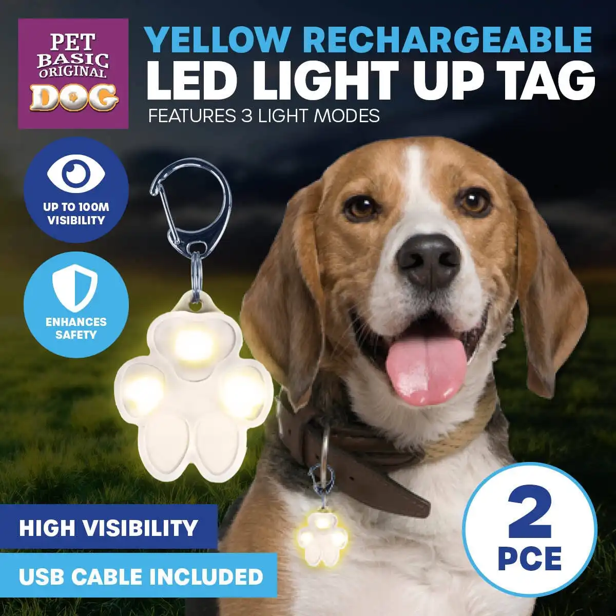 Pet Basic® 2PCE Rechargeable LED Dog Tag Paw Design Yellow High Visibility