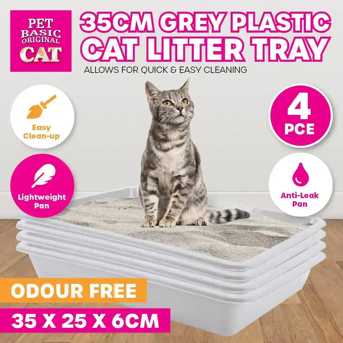 Pet Basic® 4PCE Litter Trays Grey Lightweight Durable Plastic Anti-Leak 35cm