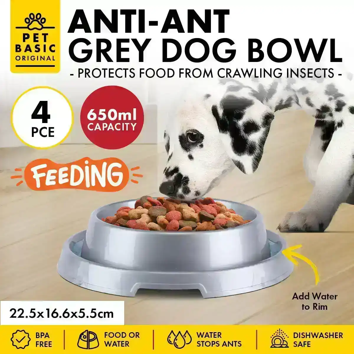 Pet Basic® 4PCE Dog Bowl Ant Proof Designed Rim Durable Non-Slip Base 22.5cm