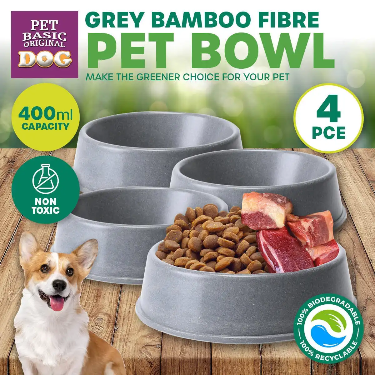 Pet Basic® 4PCE Pet Bowls Grey Bamboo Fibres Biodegradable Non-Toxic 400ml