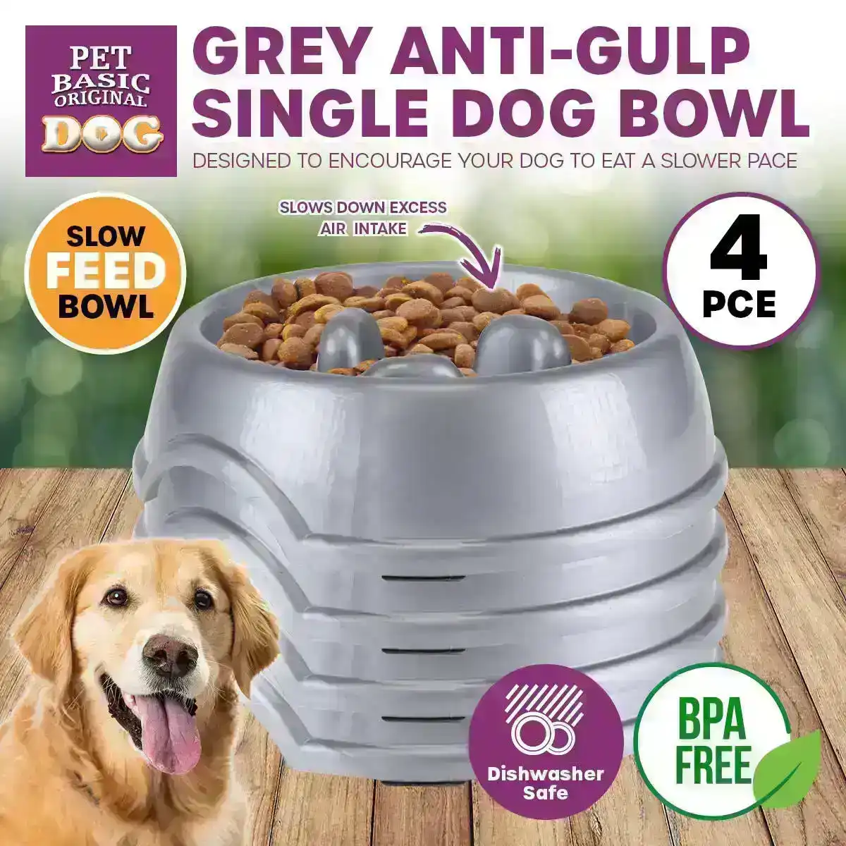 Pet Basic® 4PCE Anti-Gulp/Over-Eating Bowl Promotes Healthy Digestion 18.5cm