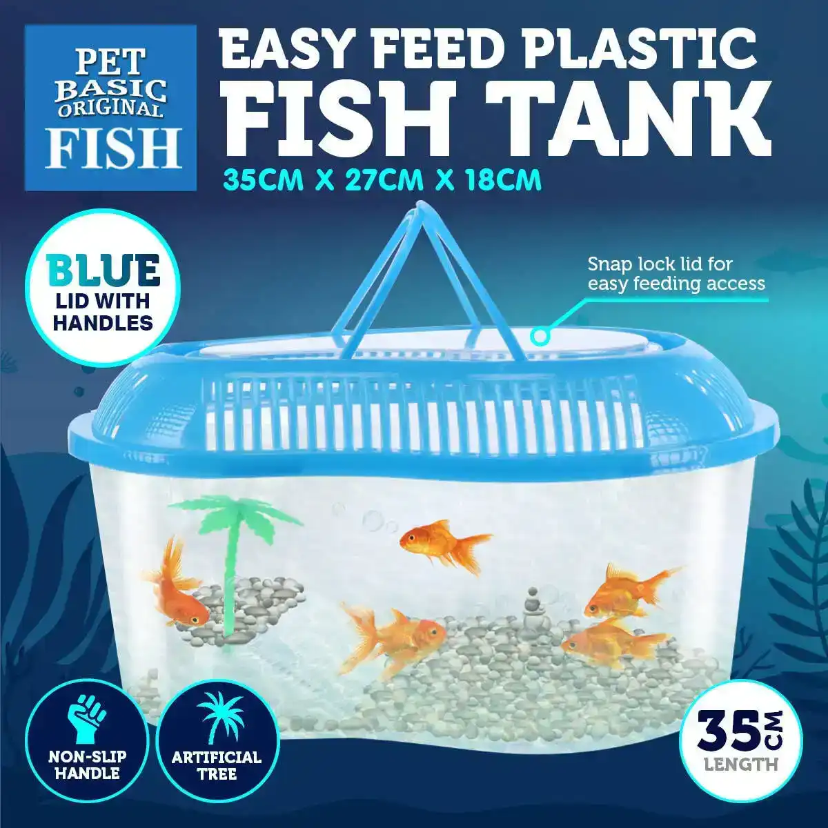 Pet Basic® Plastic Fish Tank Blue Artificial Palm Tree Snap Lock Lid 35cm