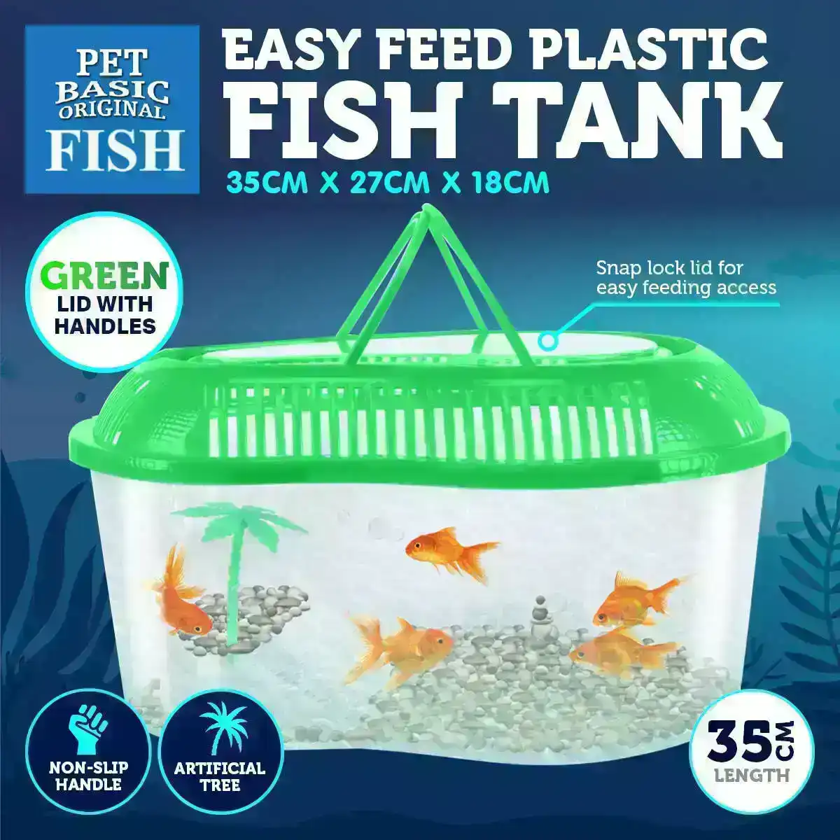 Pet Basic® Plastic Fish Tank Green Artificial Palm Tree Snap Lock Lid 35cm