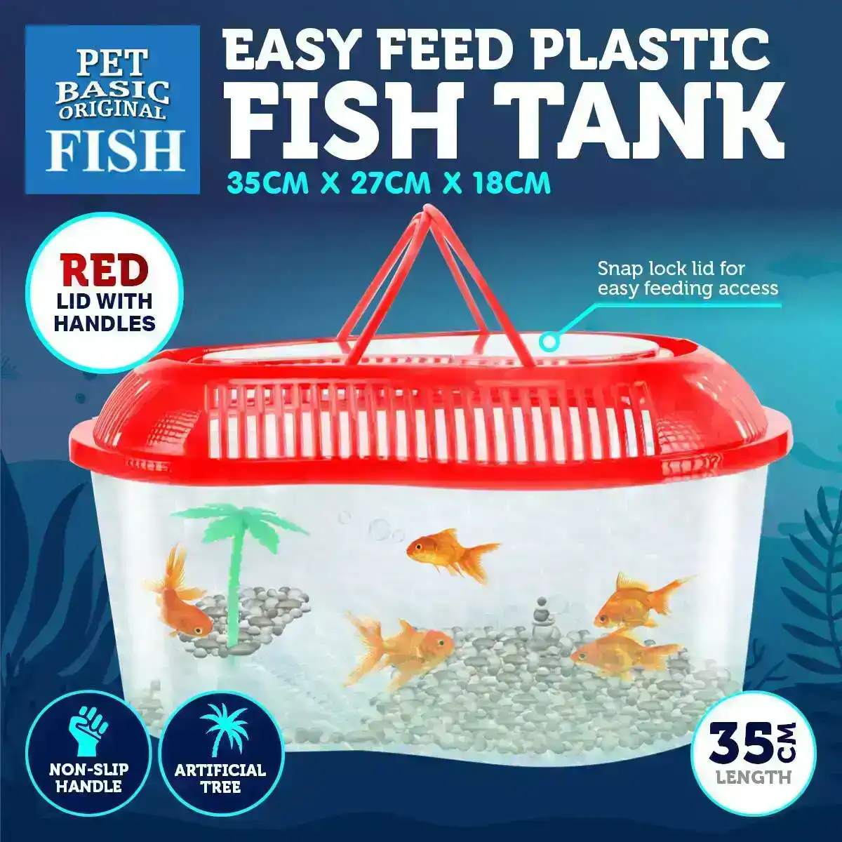 Pet Basic® Plastic Fish Tank Red Artificial Palm Tree Snap Lock Lid 35cm