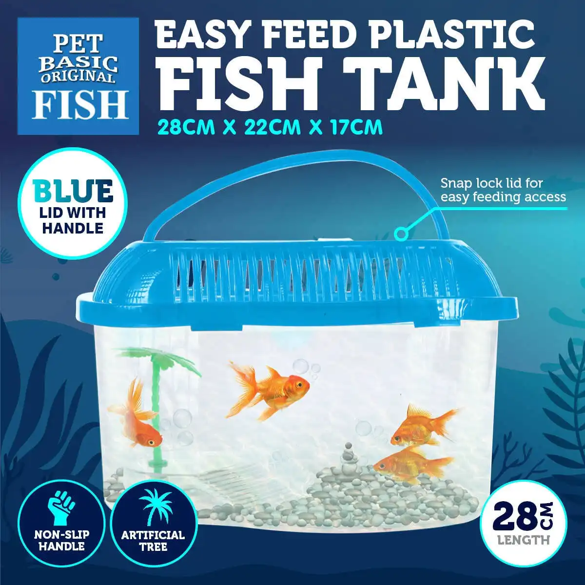 Pet Basic® Plastic Fish Tank Blue Artificial Palm Tree Snap Lock Lid 28cm