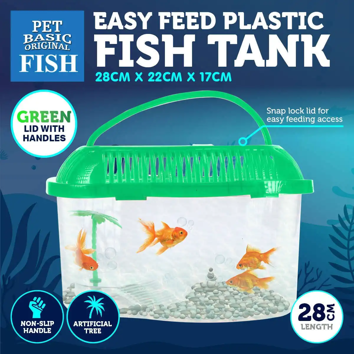 Pet Basic® Plastic Fish Tank Green Artificial Palm Tree Snap Lock Lid 28cm