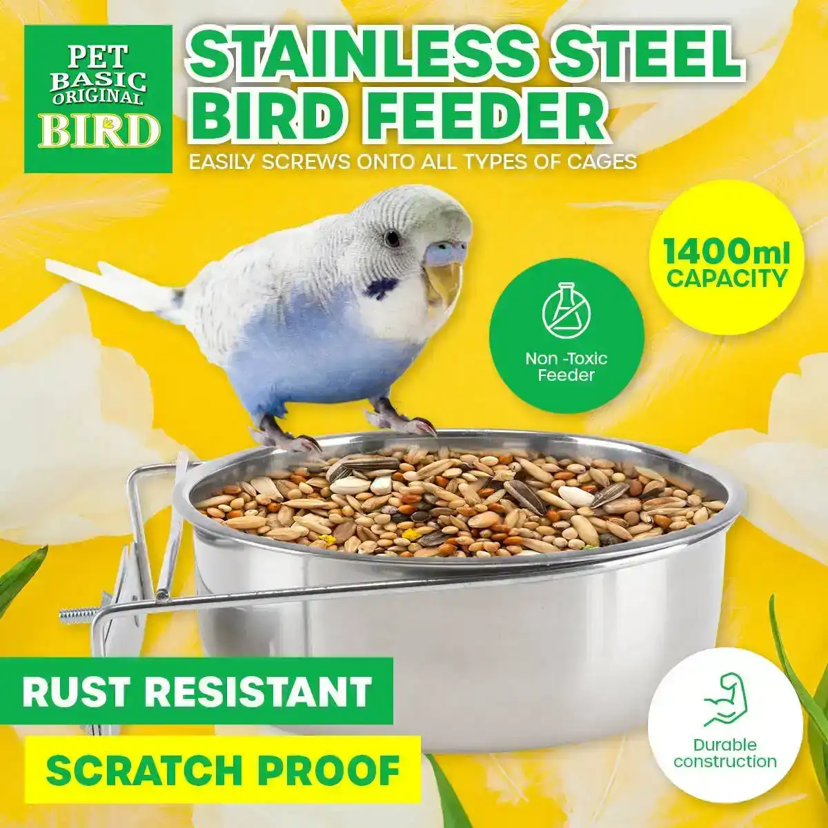 Pet Basic® Bird Feeder Stainless Steel Spill & Rust Proof Durable 1400ml