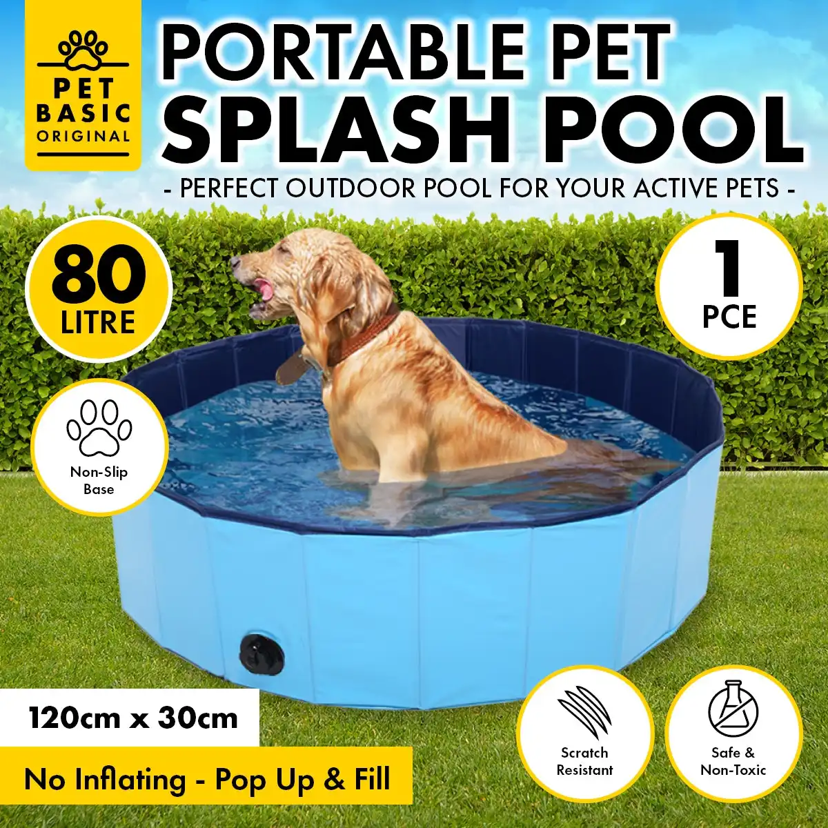 Pet Basic® 80L Pet Pool Collapsible Portable Non-Slip Base High Quality 120cm
