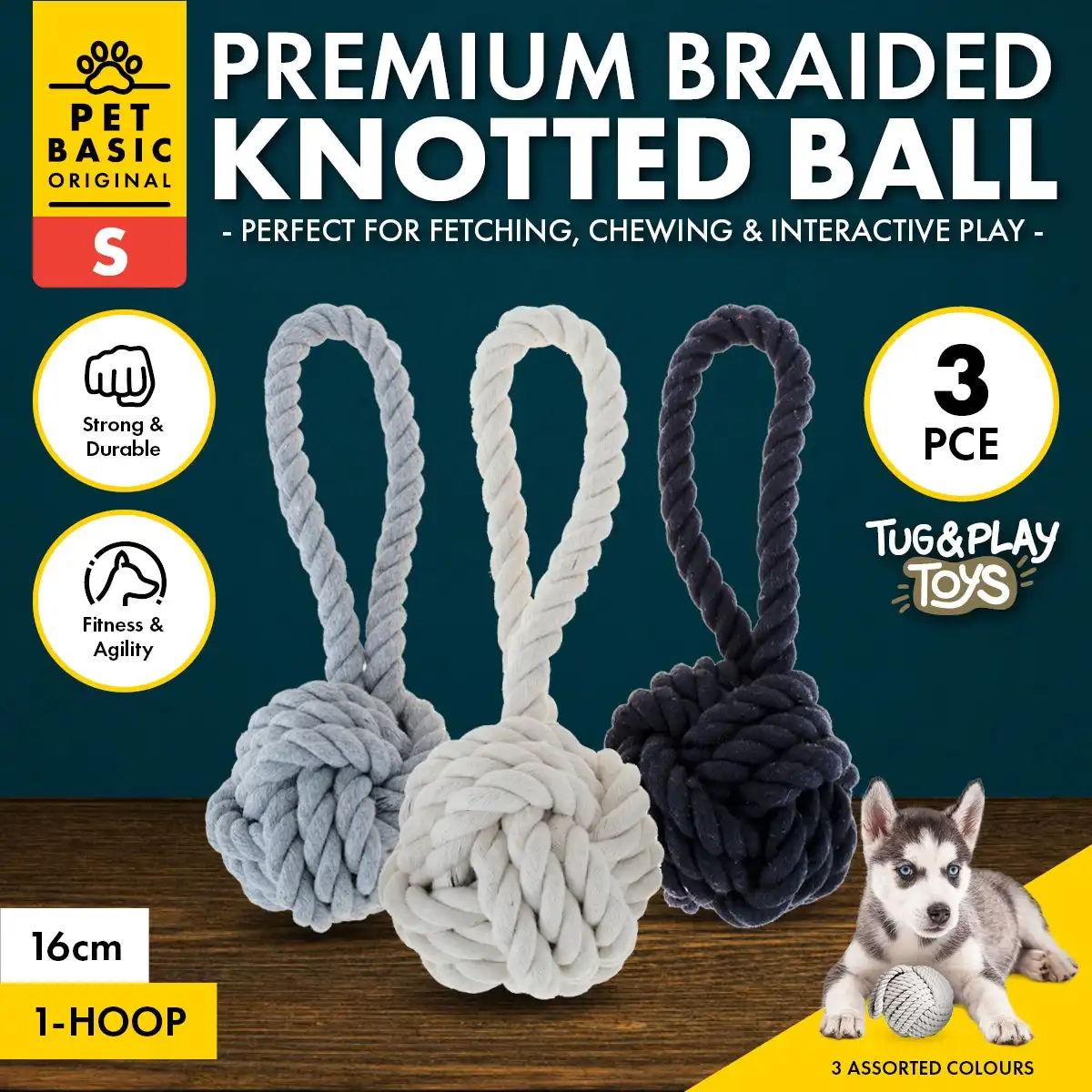 Pet Basic® 3PCE Premium Braided Rope Knotted Ball Small Natural Fibres 16cm