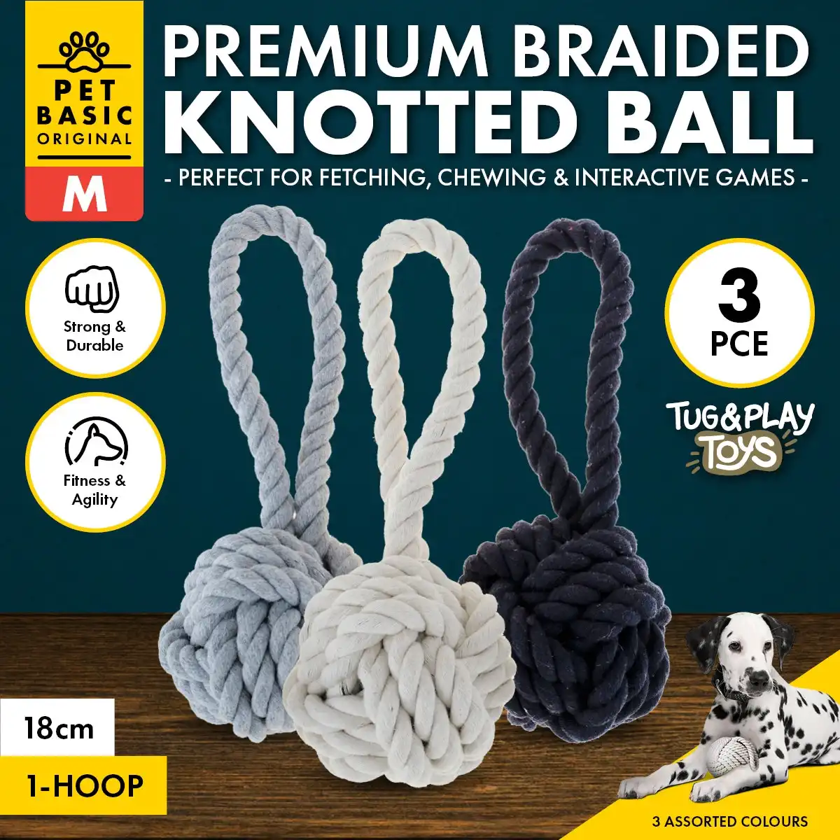 Pet Basic® 3PCE Premium Braided Rope Knotted Ball Medium Natural Fibres 18cm