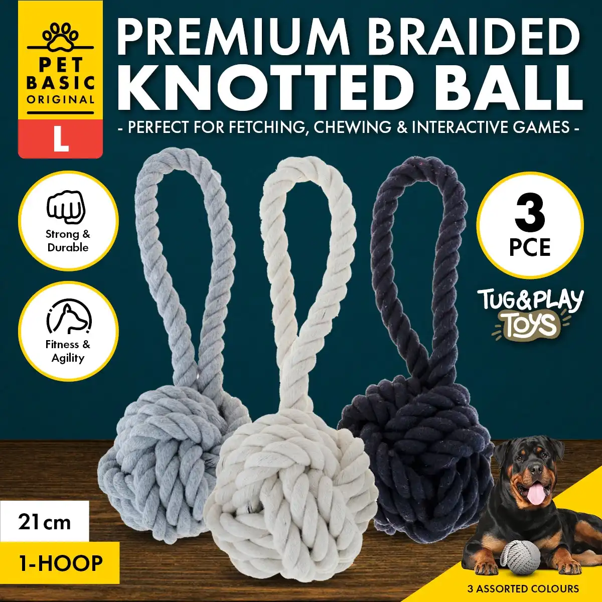 Pet Basic® 3PCE Premium Braided Rope Knotted Ball Large Natural Fibres 21cm