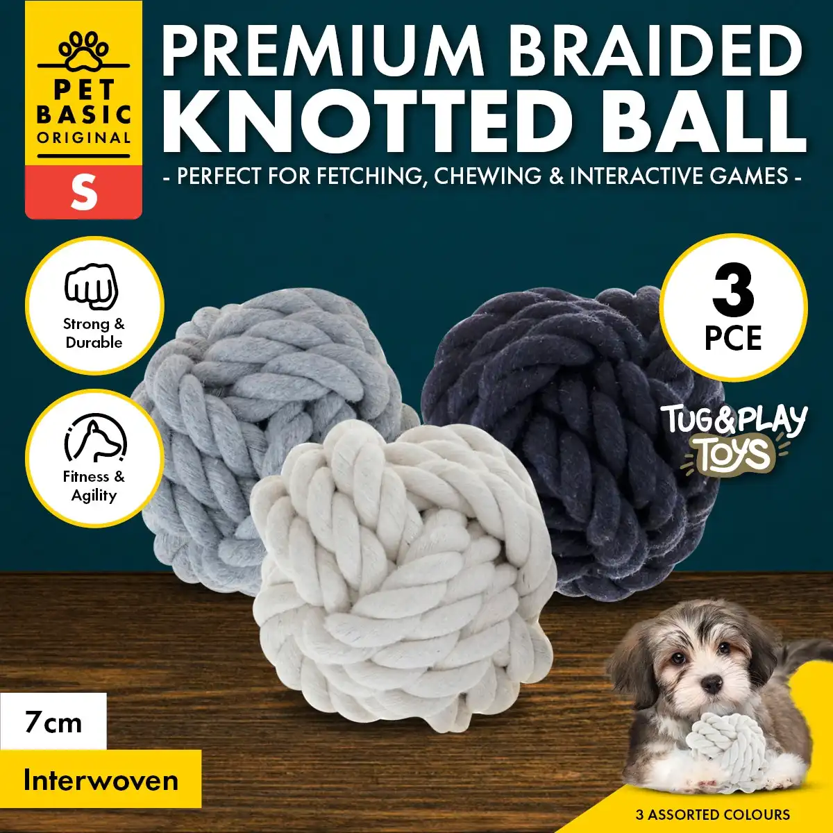 Pet Basic® 3PCE Premium Braided Knotted Ball Size Small Natural Fibres 7cm
