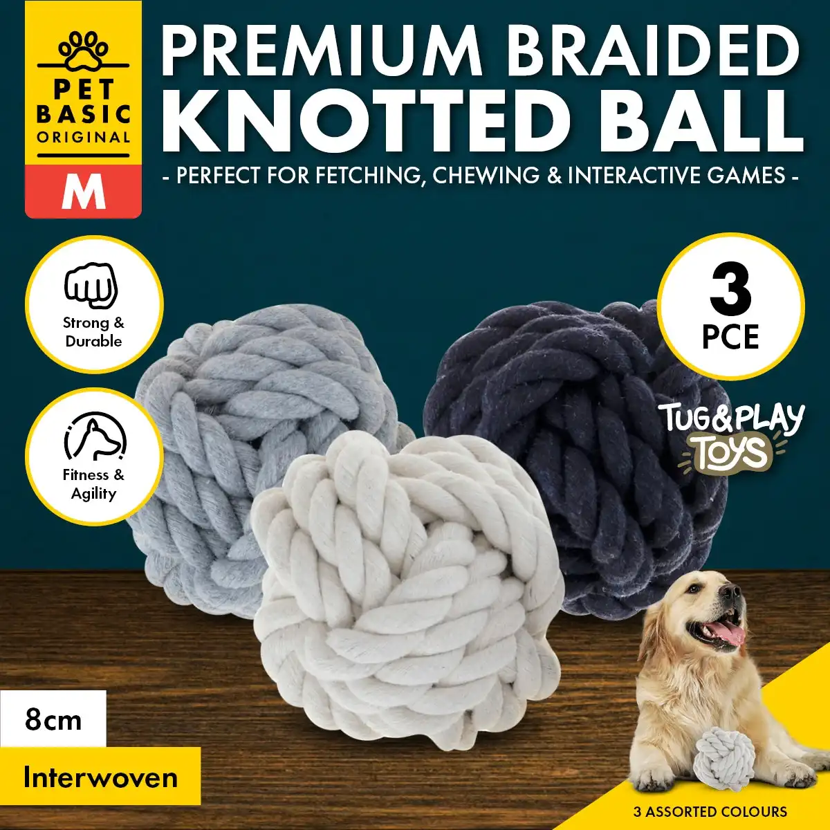 Pet Basic® 3PCE Premium Braided Knotted Ball Size Medium Natural Fibres 8cm