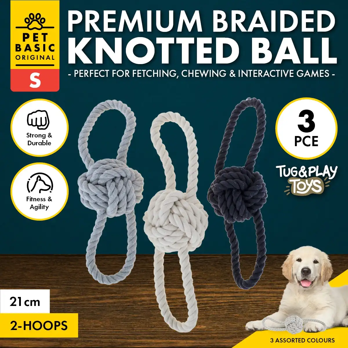 Pet Basic® 3PCE Premium Braided Rope Knotted Ball & Loops Natural Fibres 21cm