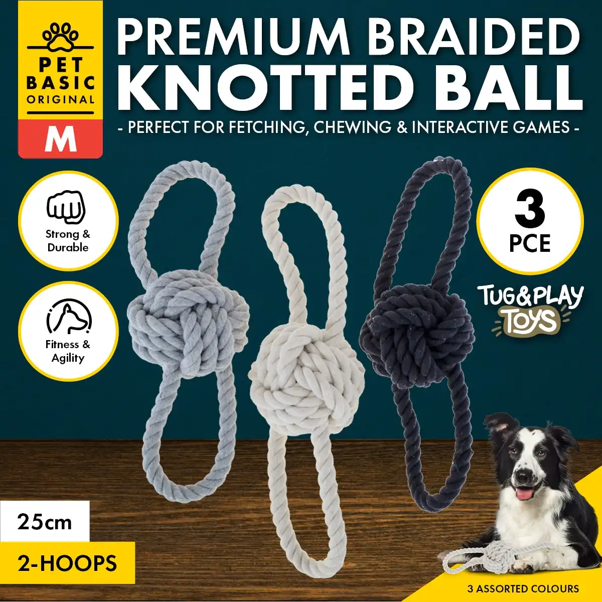 Pet Basic® 3PCE Premium Braided Rope Knotted Ball & Loops Natural Fibres 25cm