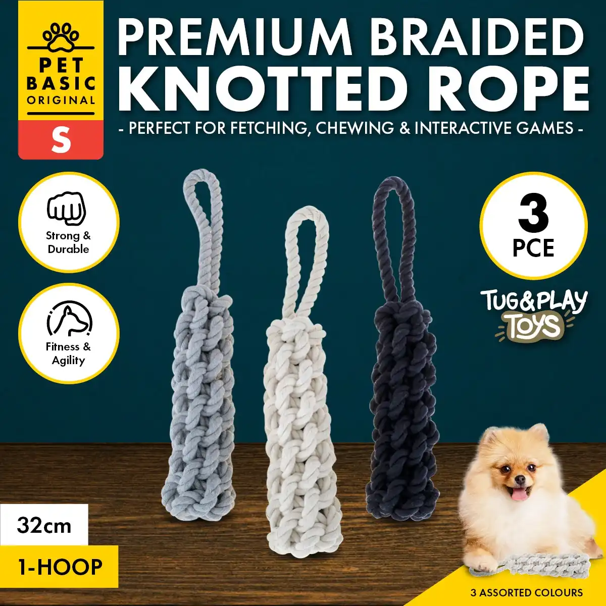 Pet Basic® 3PCE Premium Braided Knotted Rope Small Natural Fibres 32cm