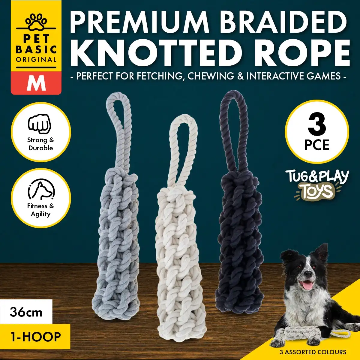 Pet Basic® 3PCE Premium Braided Knotted Rope Medium Natural Fibres 36cm